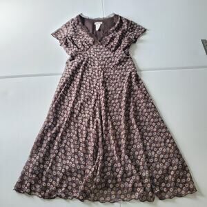 Y2K Babydoll Dress Womens 6 Brown Floral Vintage Cottagecore Short Sleeve Lace